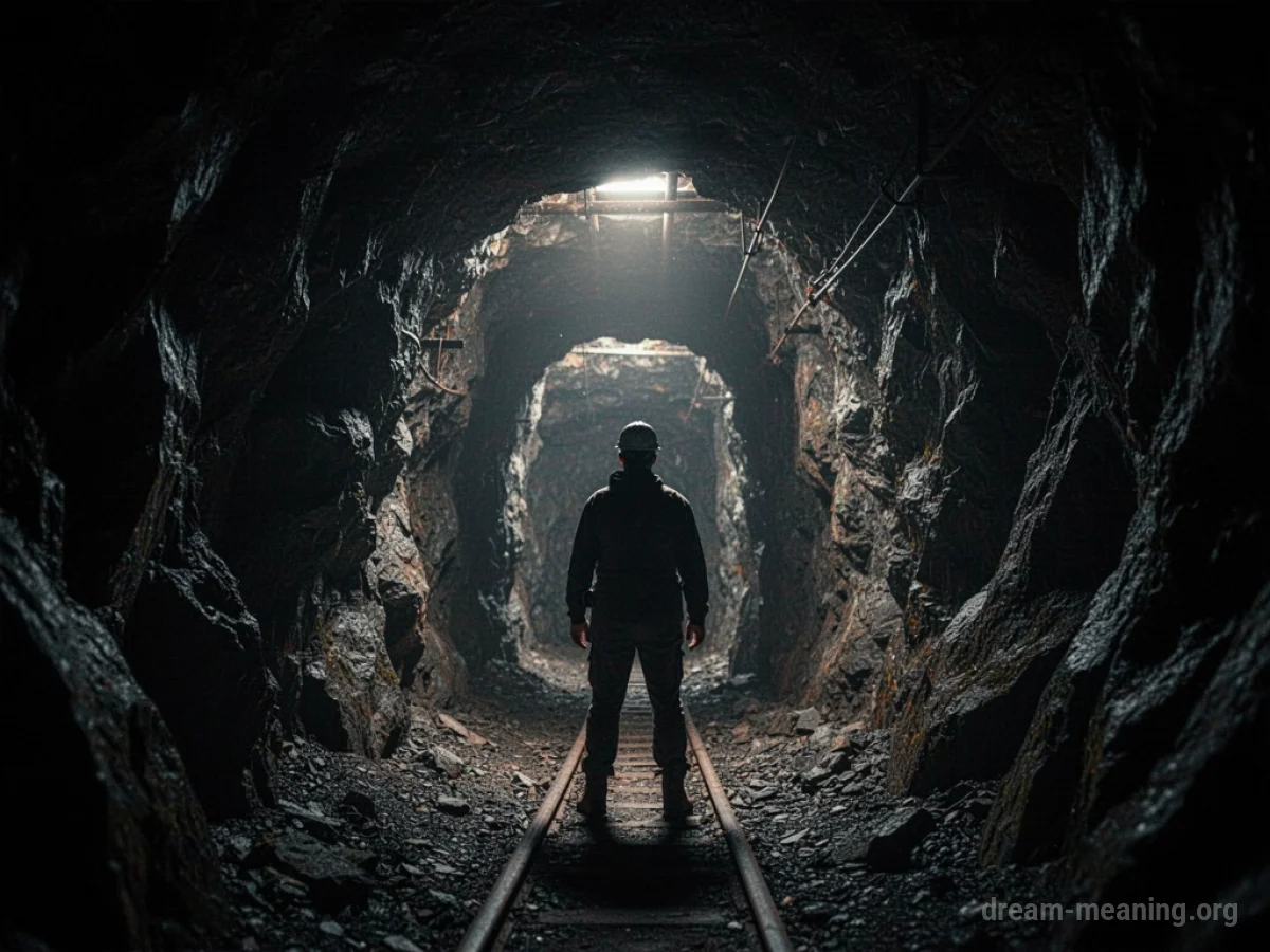 Silhouette of a person in a dark mine shaft looking towards a distant light.