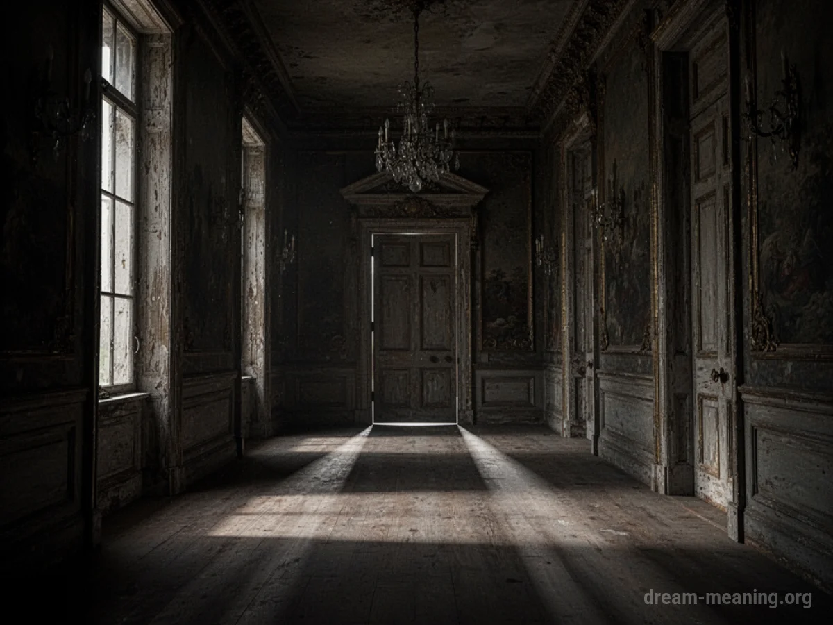 Dimly lit doorway at the end of a long, dark corridor in an old mansion.
