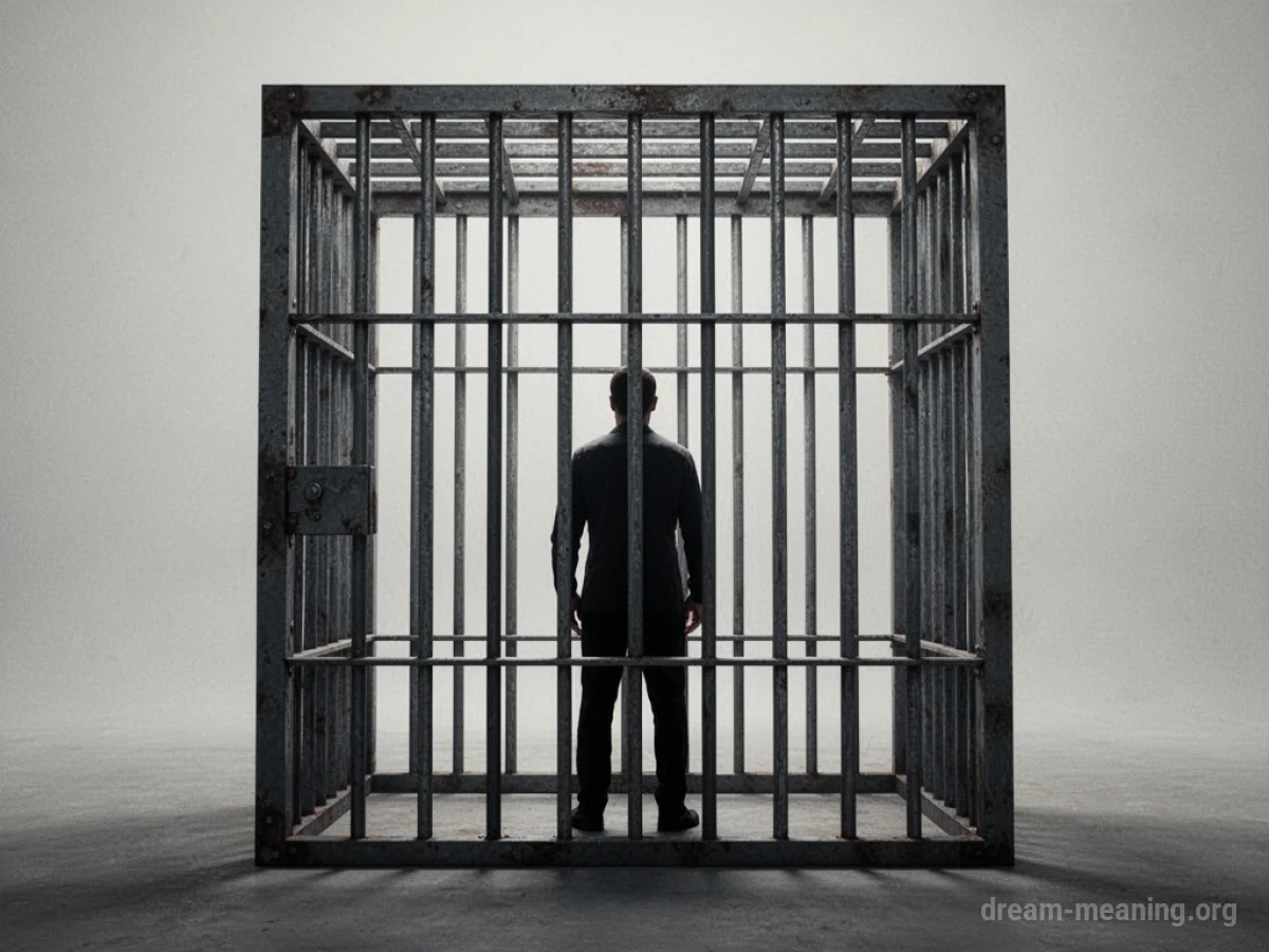 Silhouette of a figure inside a metal cage.