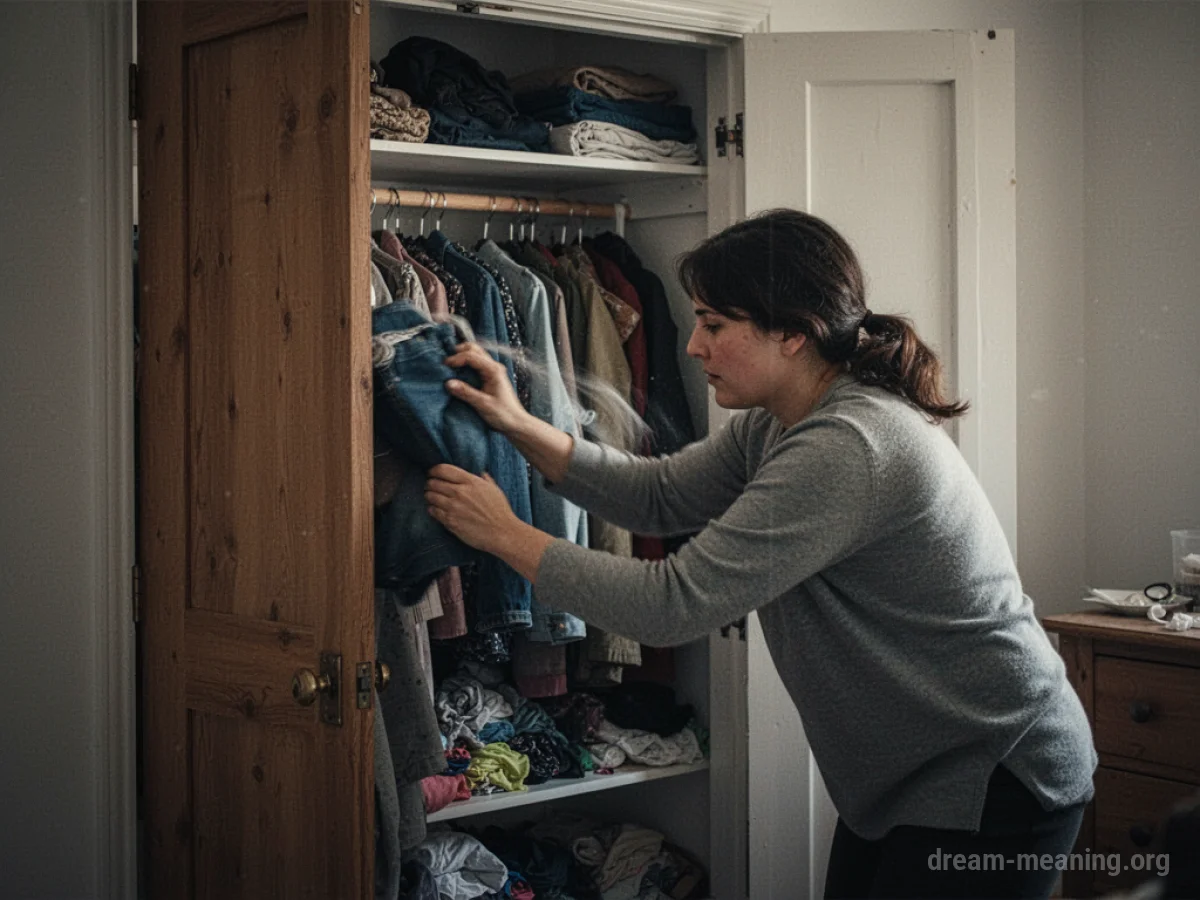 A person stuffing items into a closet, with a hint of clutter visible.