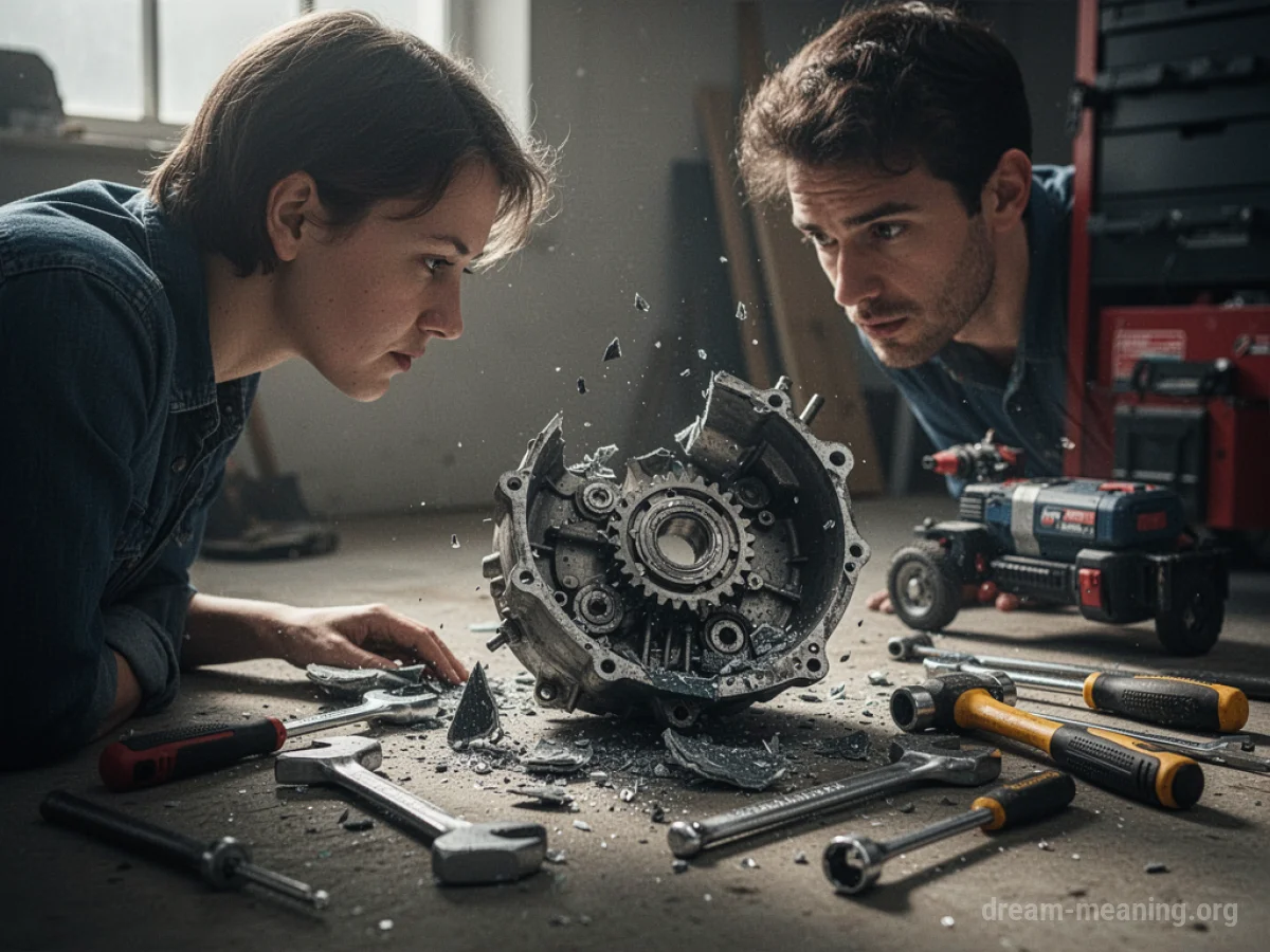 A person surrounded by tools looking at a broken machine.