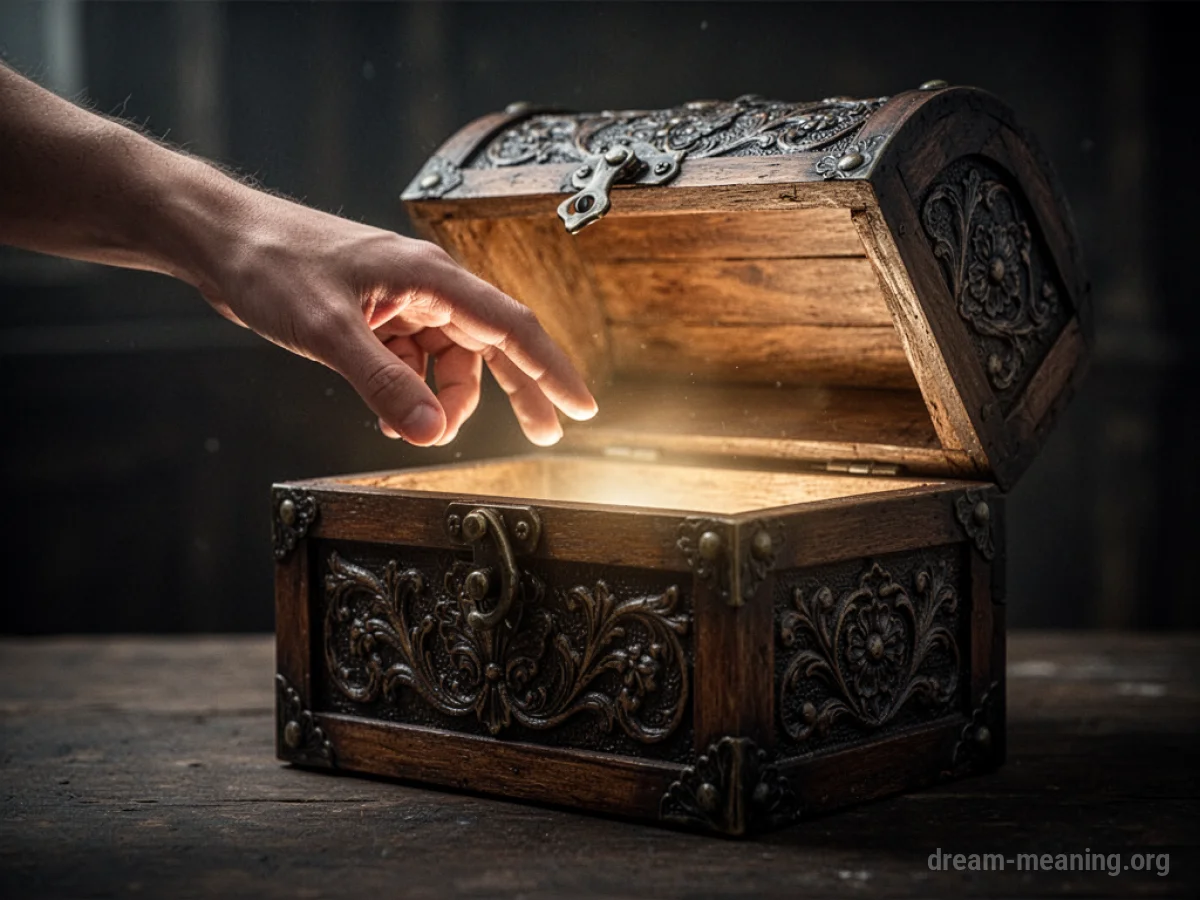A hand reaching into a dimly lit chest.