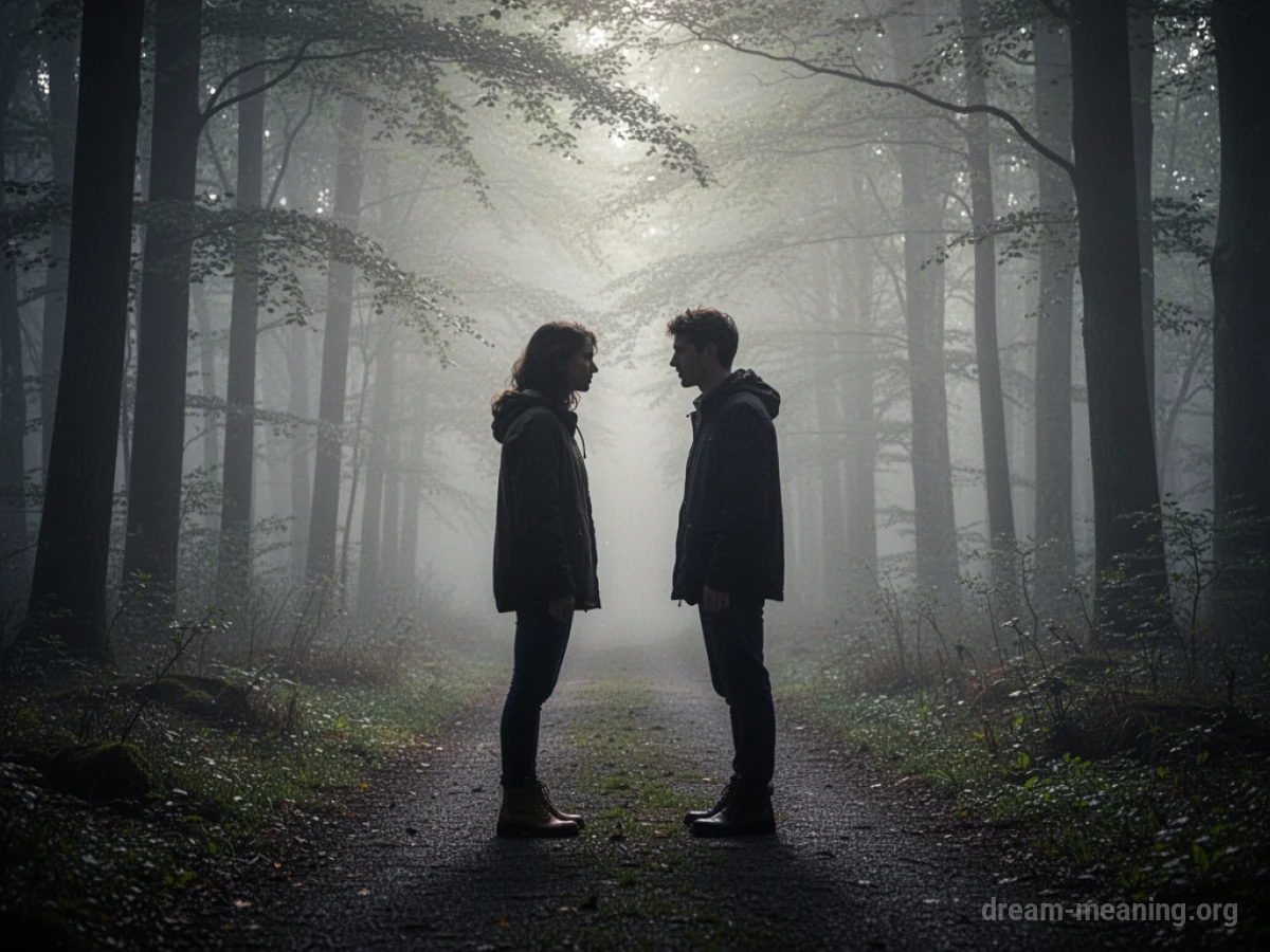 Two shadowy figures meeting on a forest path.