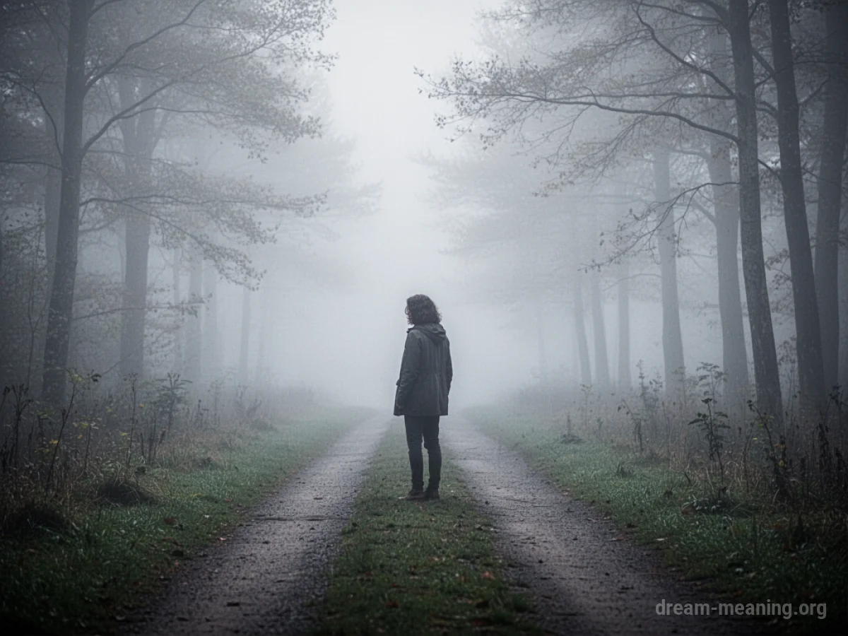 Silhouette of a person standing at the beginning of a misty path.