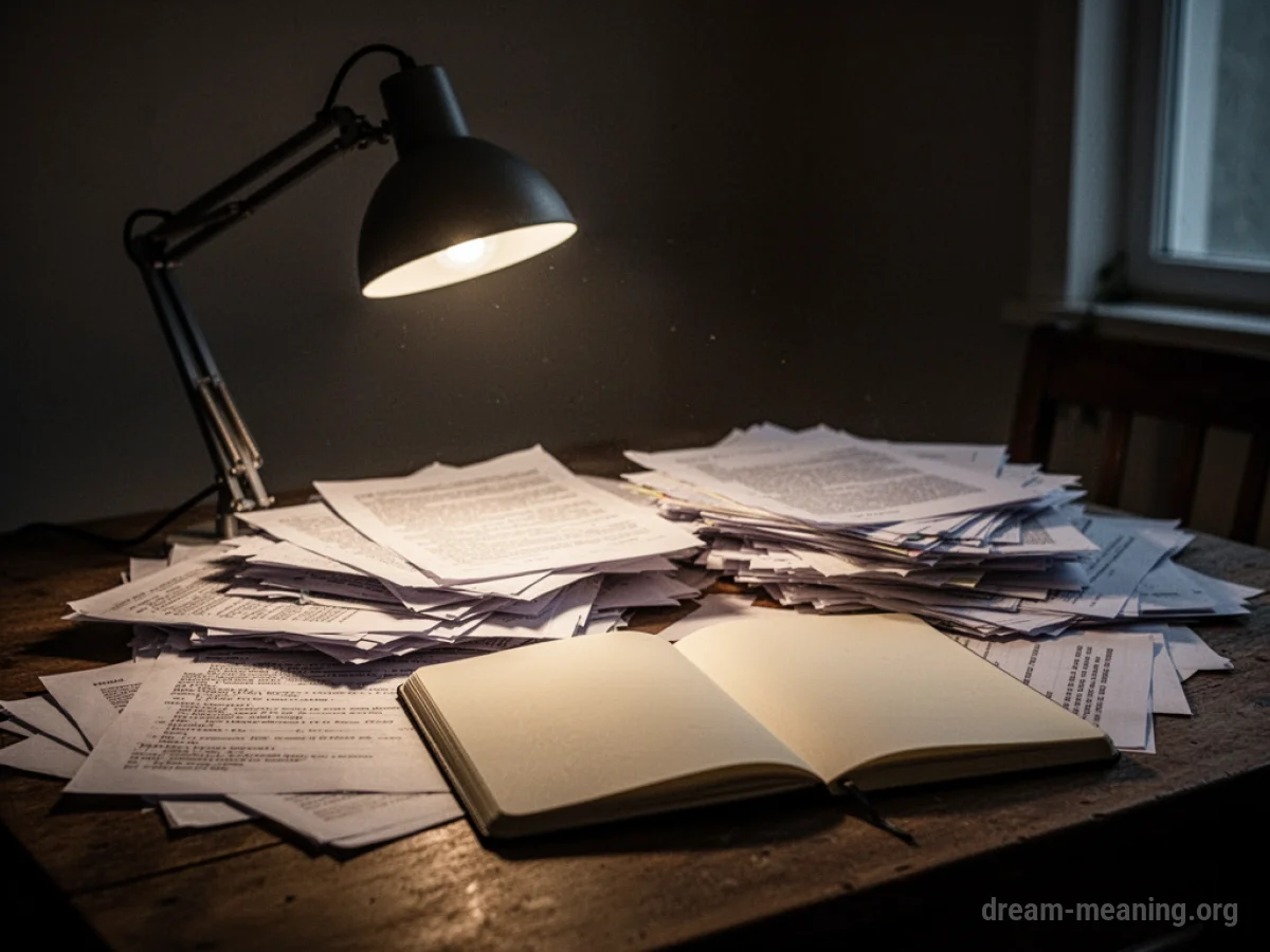 A desk with scattered papers under a single lamp.