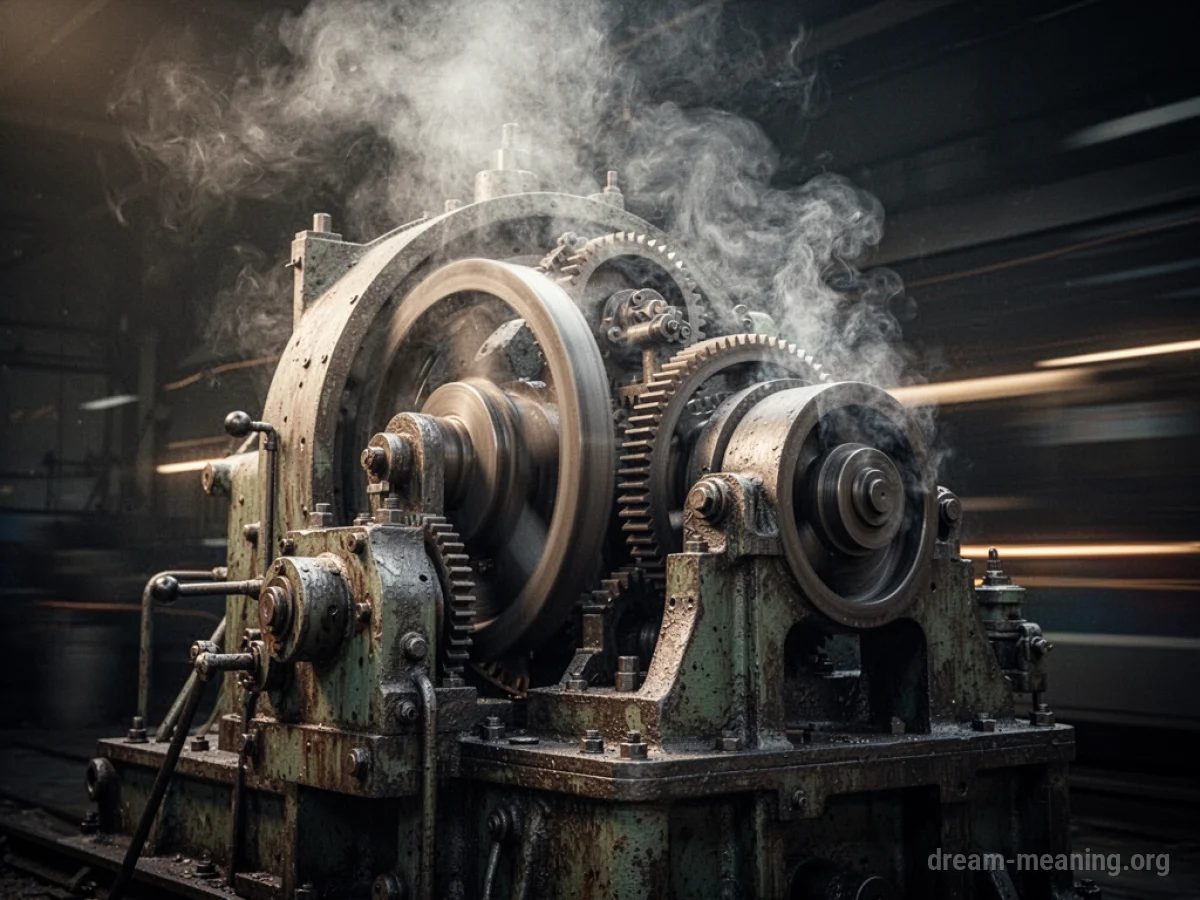 Close-up of rapidly spinning gears on a large industrial machine.
