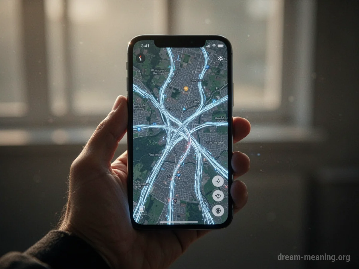 A hand holding a smartphone showing a map on its screen.