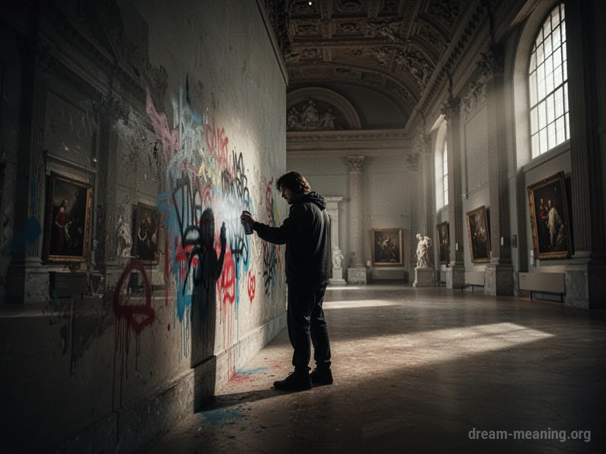 A shadowy figure spray-painting a wall in a museum.