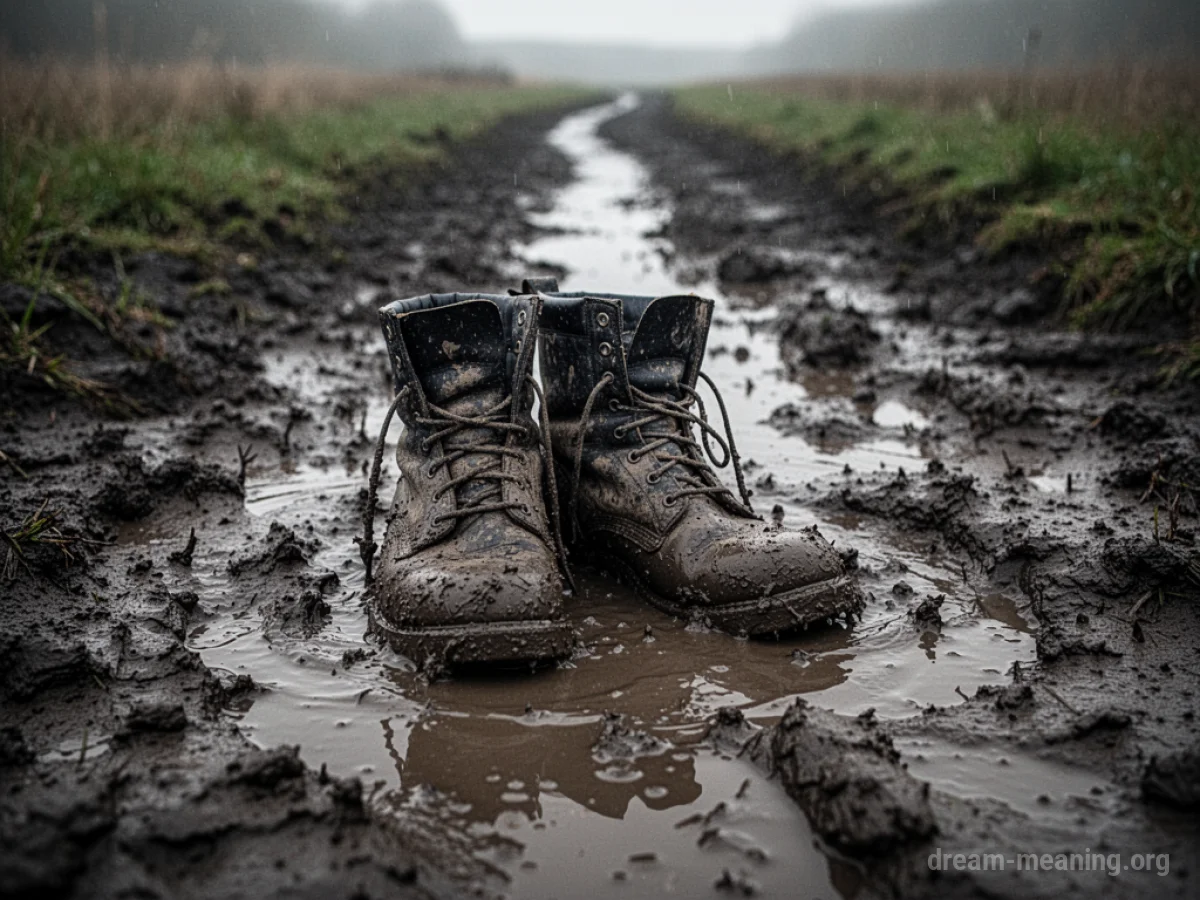 A pair of boots submerged in dark, wet mud.