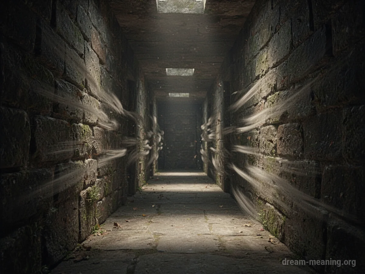 A narrow corridor with stone walls that appear to be moving closer together.