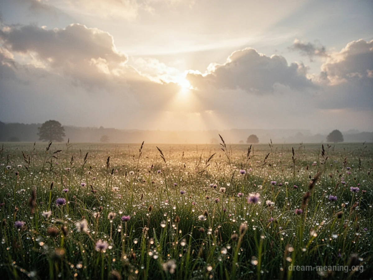 A sunbeam shining through clouds onto a meadow.