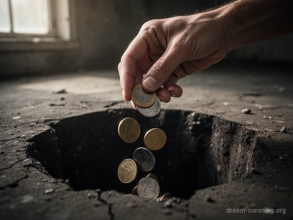 A hand dropping coins into a dark void.