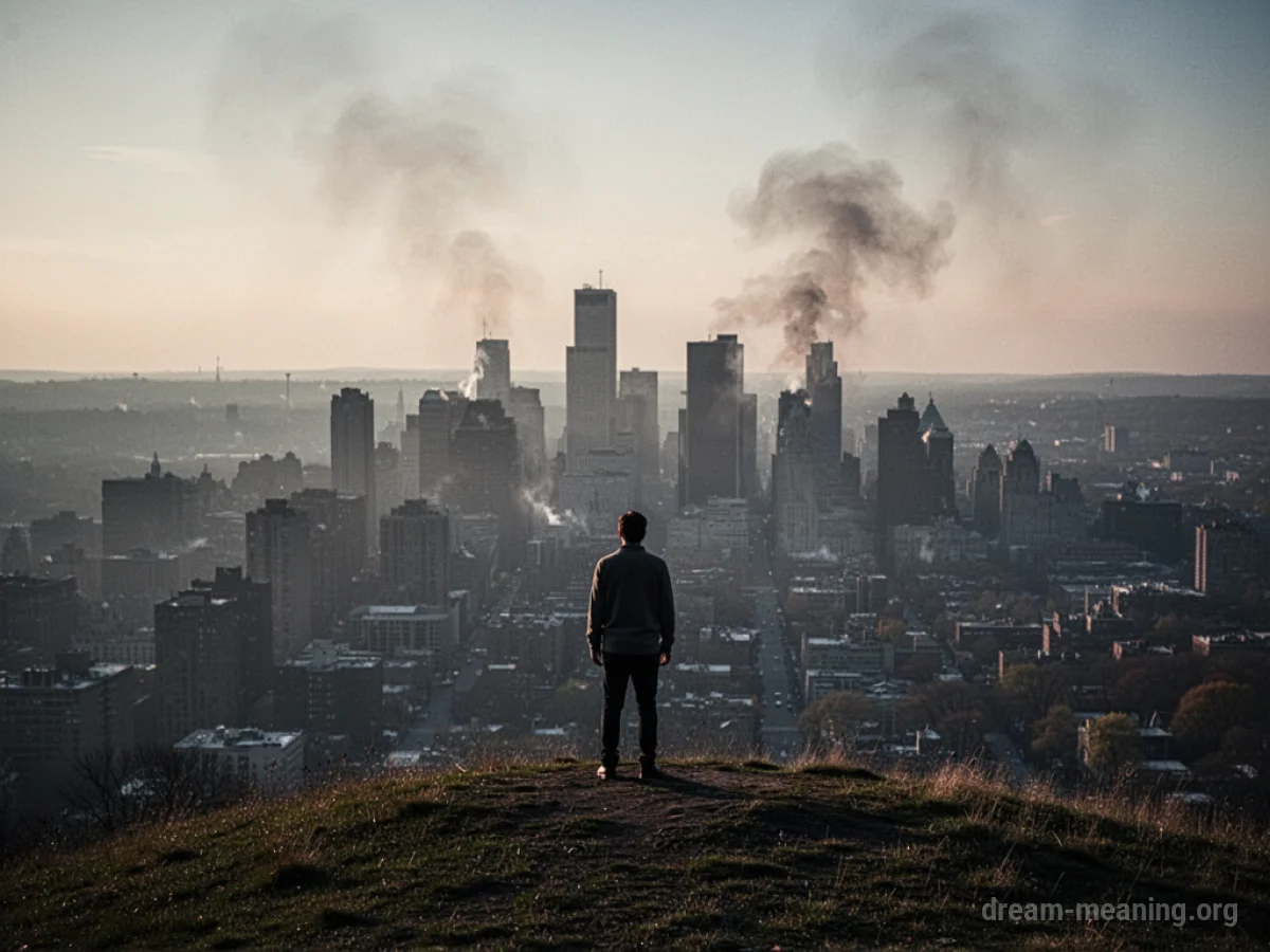 Silhouette of a person looking towards a distant city with faint smoke.