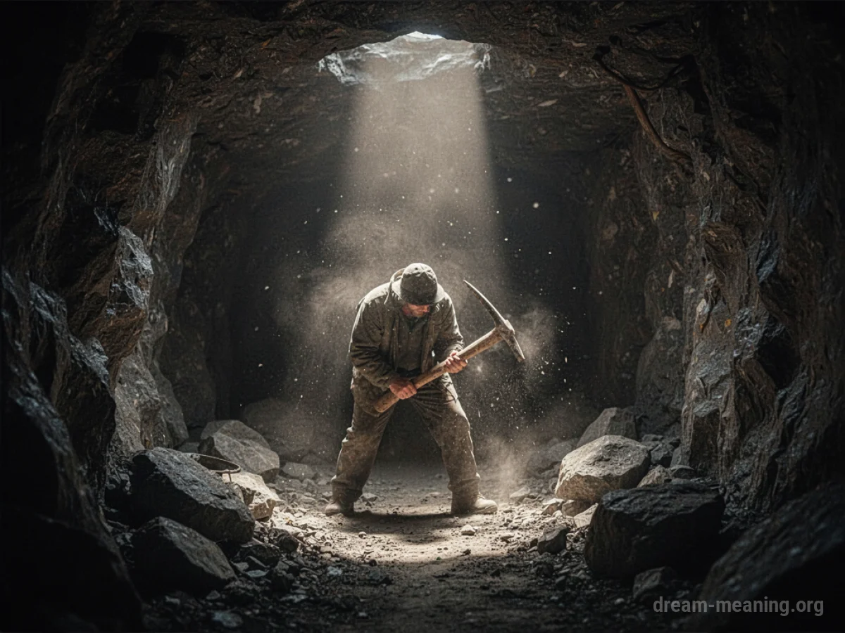 A silhouette of a person swinging a pickaxe in a dark mine.