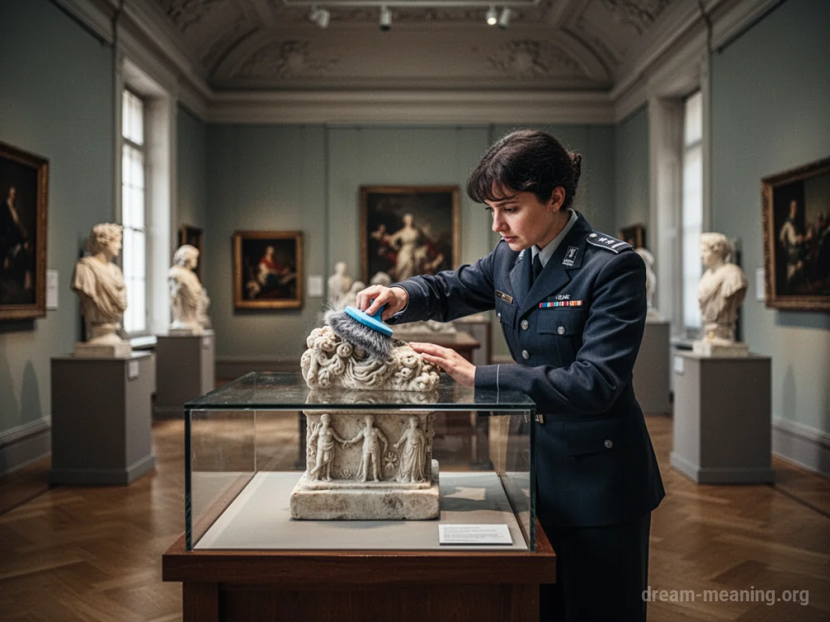 A museum worker cleaning an ancient artifact.