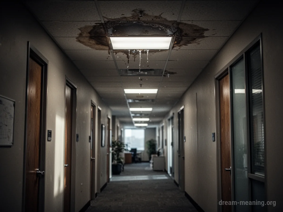 A water stain on a ceiling and a flickering light in an office hallway.