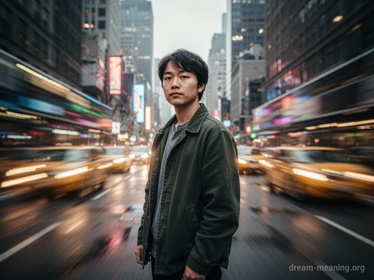 A person viewed from behind, standing on solid ground, while the world around them is a blur of fast-moving lights and shapes.