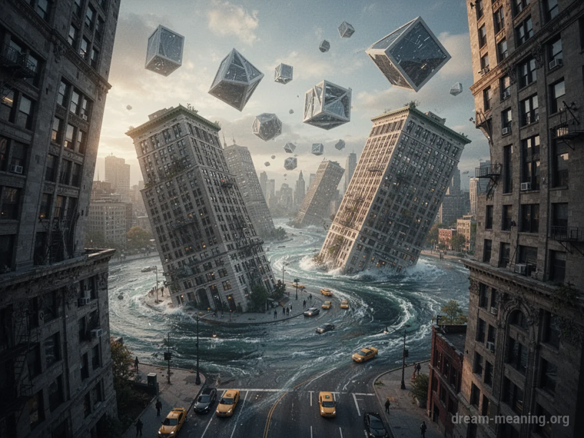 A surreal cityscape where buildings are tilted and streets flow like water under a sky of abstract shapes.