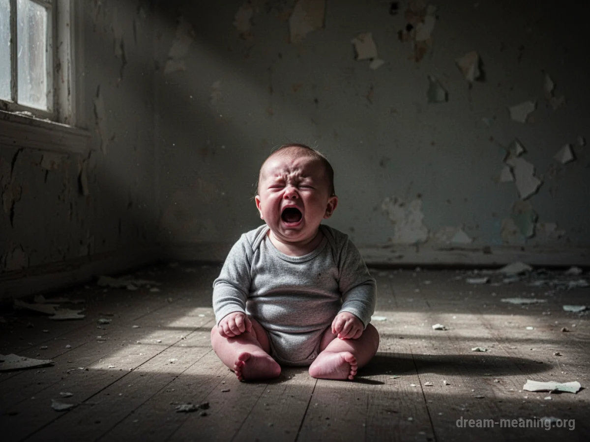 A baby crying alone in a stark, empty room.
