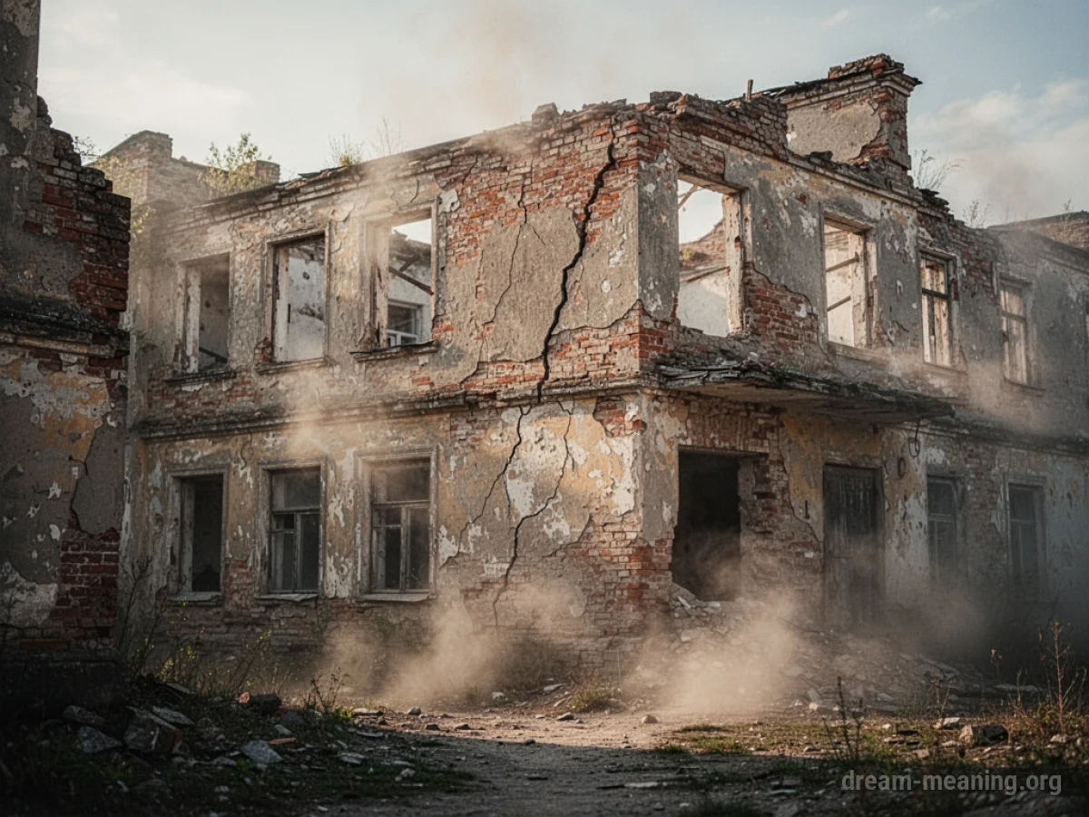 A dilapidated brick building with large cracks, showing signs of structural failure.