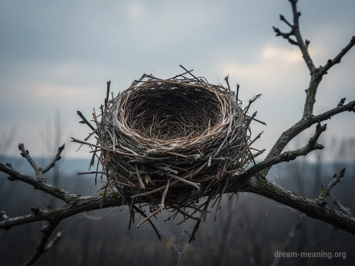 An empty bird's nest on a bare tree branch.