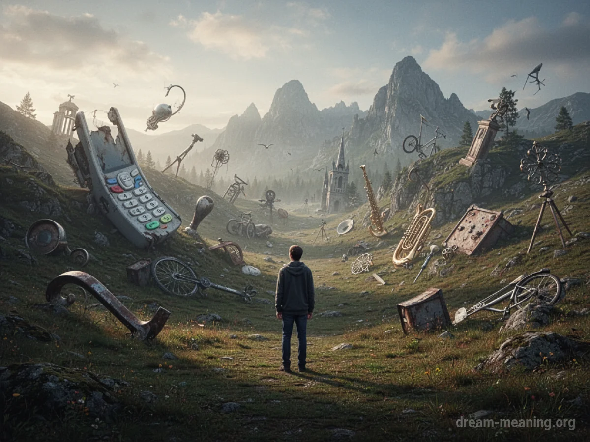 A surreal landscape with distorted everyday objects.