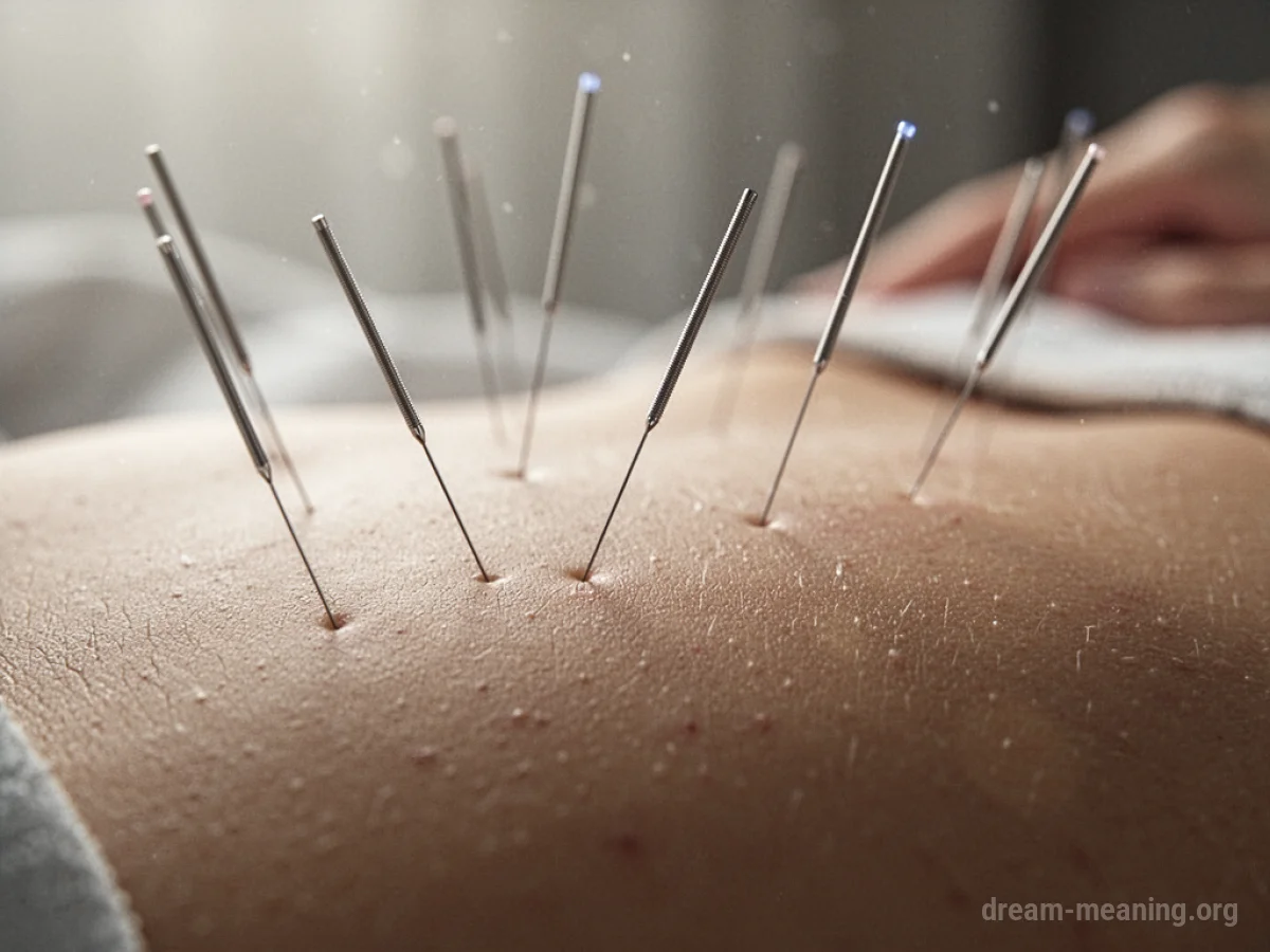 Several thin acupuncture needles inserted into a smooth, light-colored surface.