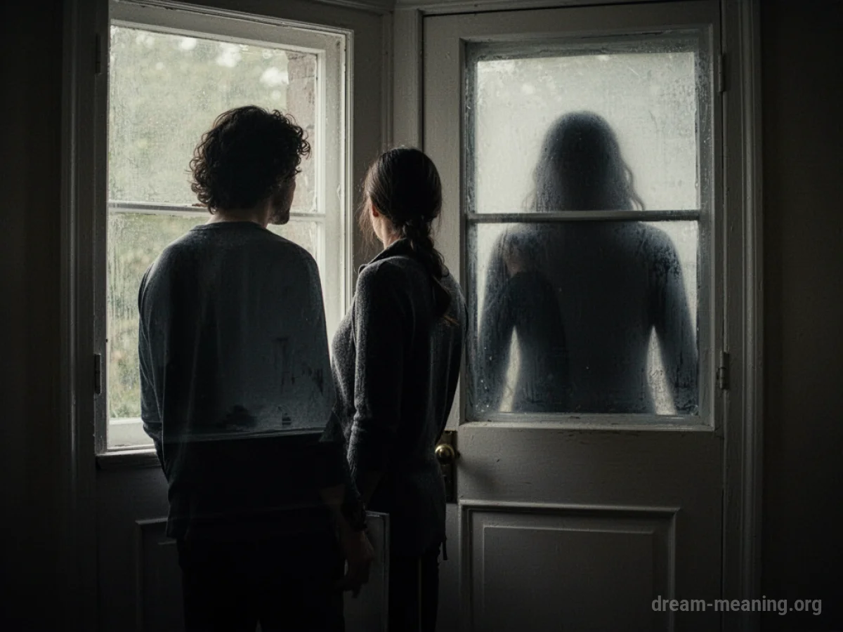 Silhouette of a person at a door with a shadowy figure in a window.