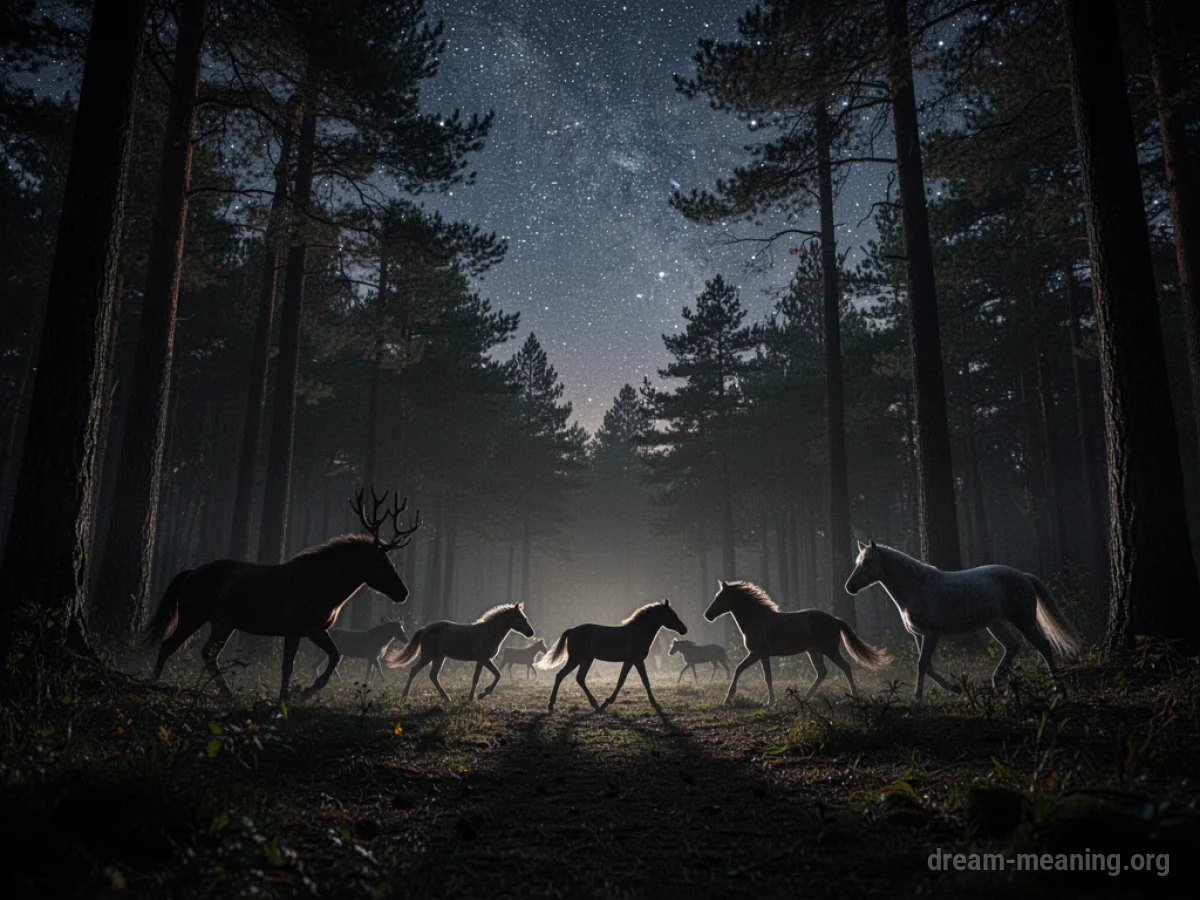 Silhouettes of animals in a dark forest at night.