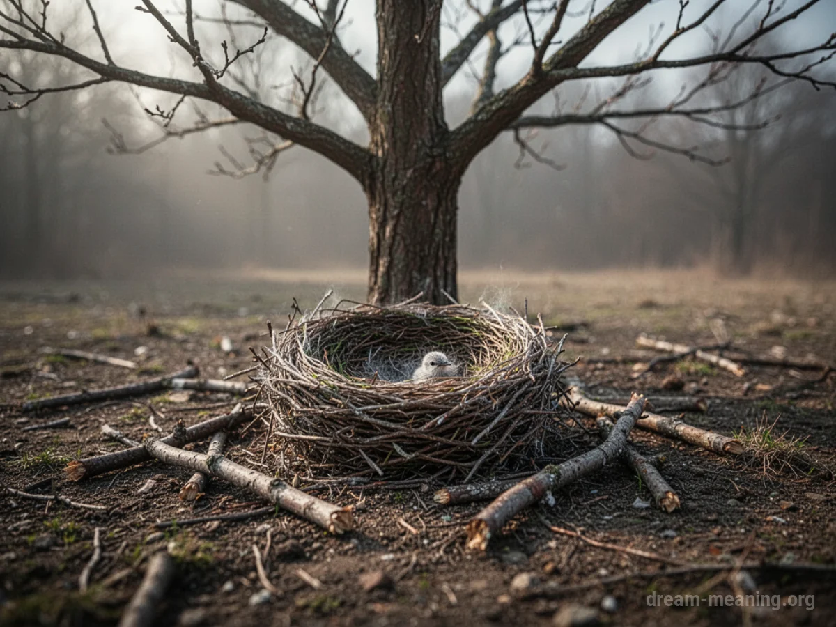 A bird's nest lying on the ground, partially broken.