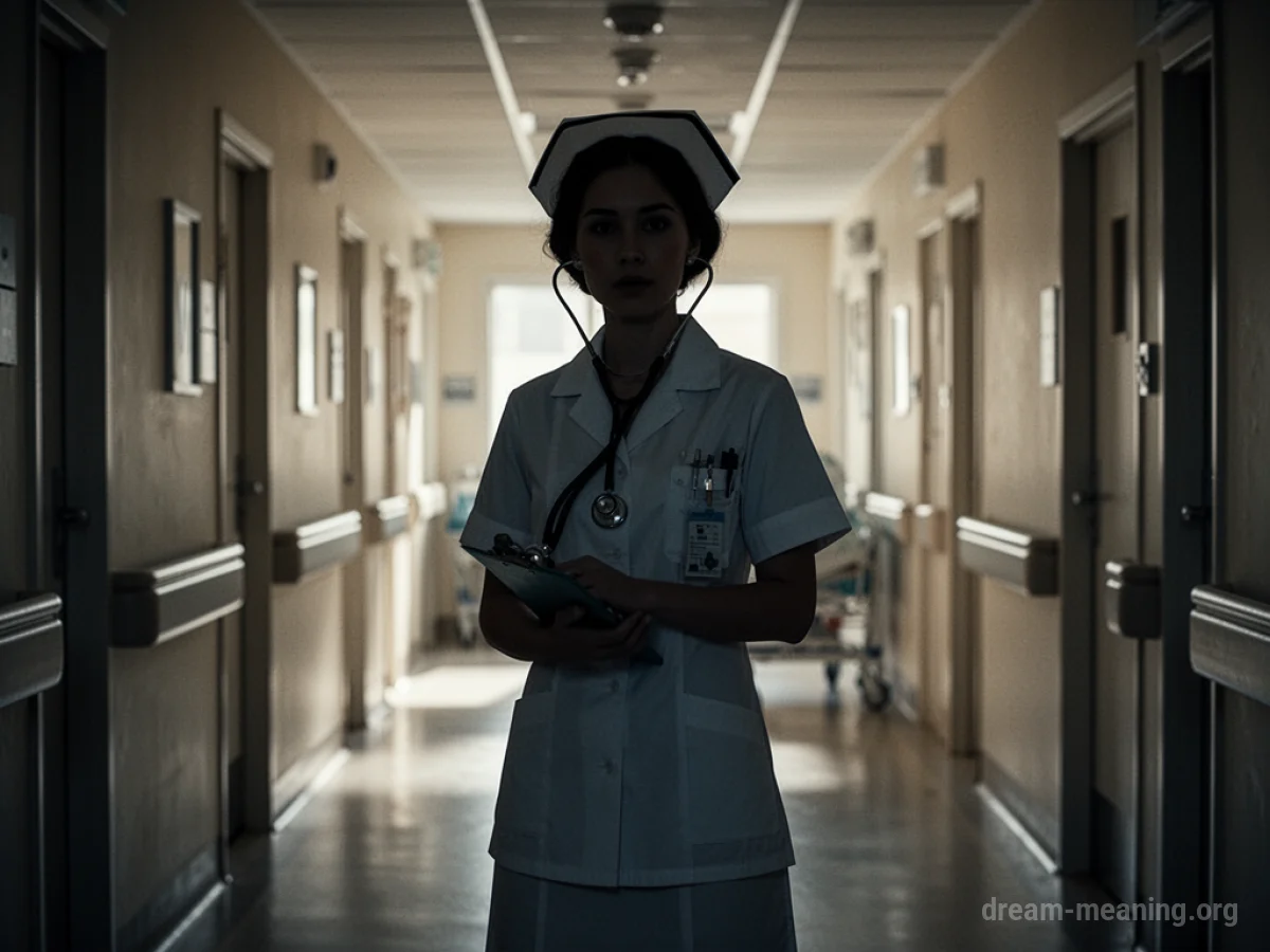 Silhouette of a person in a nurse's uniform in a hospital corridor.