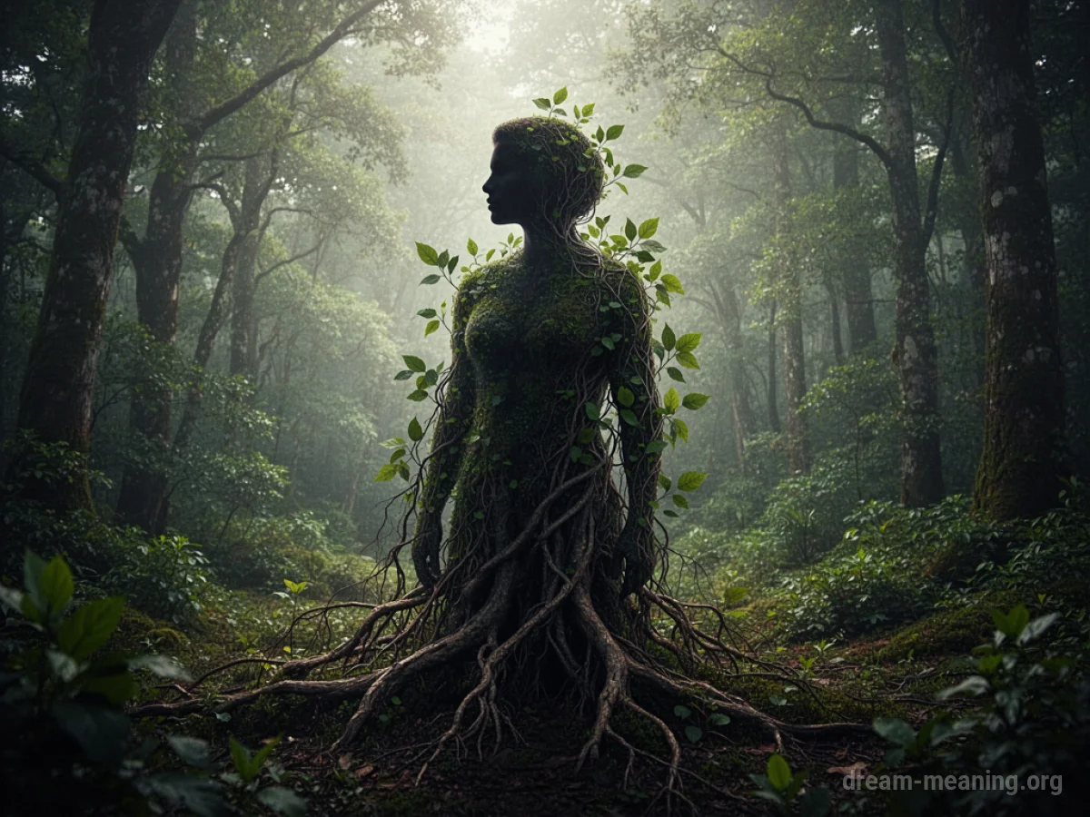 A person's silhouette blending into a forest.