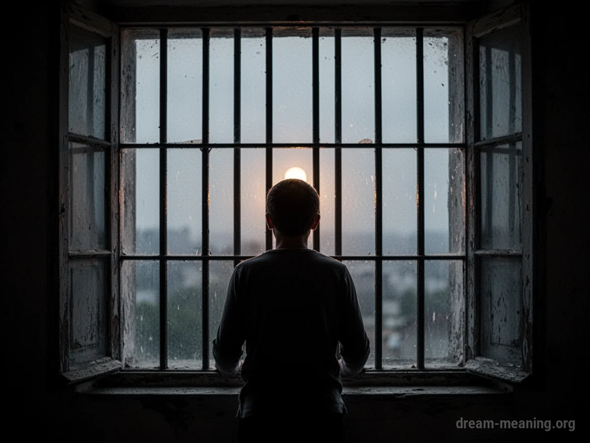 Silhouette of a person behind bars looking towards a faint light.