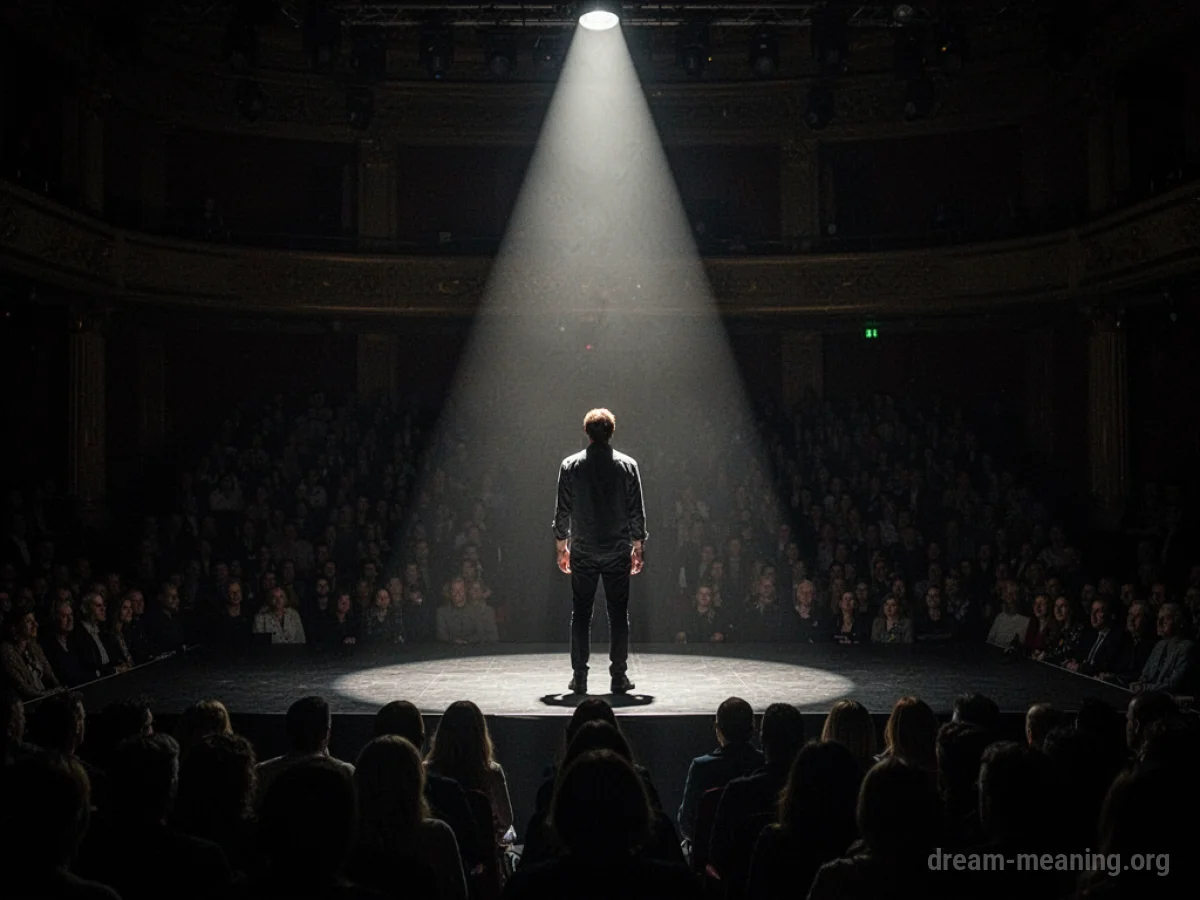 A person stands alone on a stage under a bright spotlight.