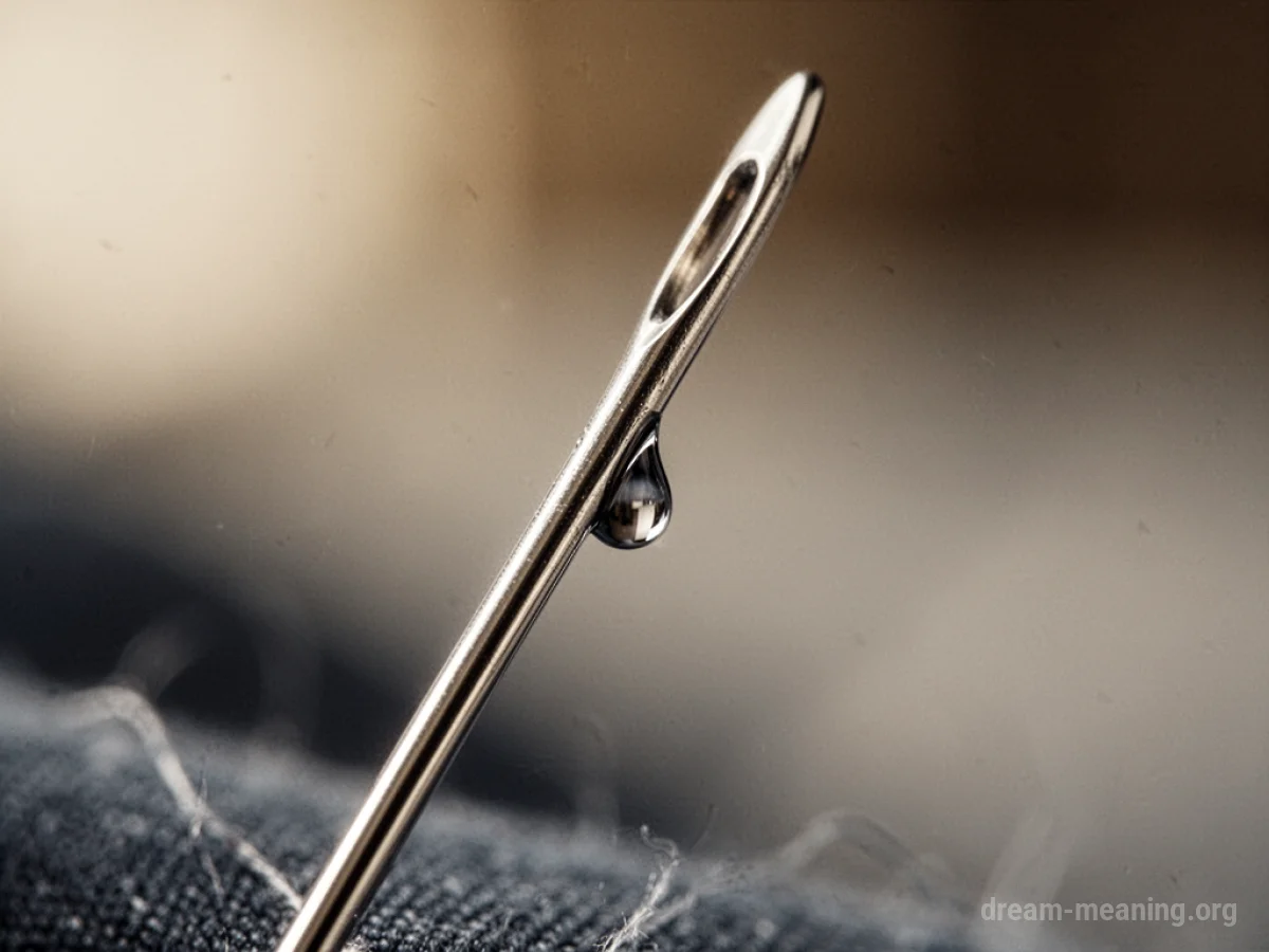 A sewing needle with a single drop of dark liquid at its point.