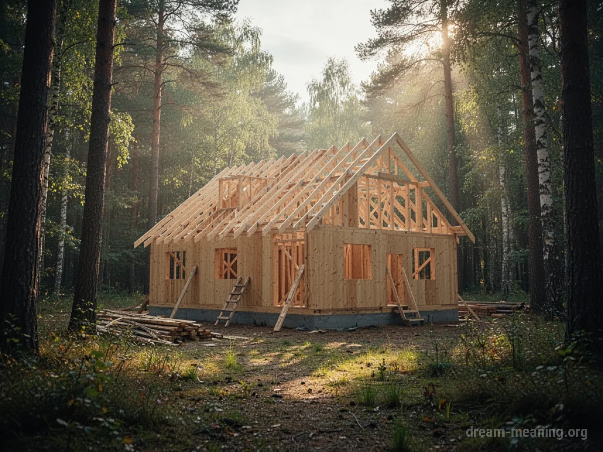 A wooden house under construction in a sunlit forest clearing.