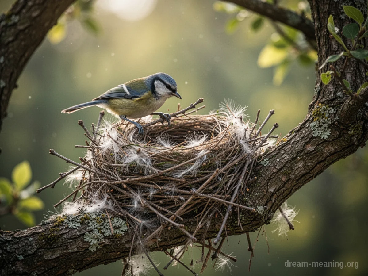 A bird constructing a nest with twigs and soft materials.