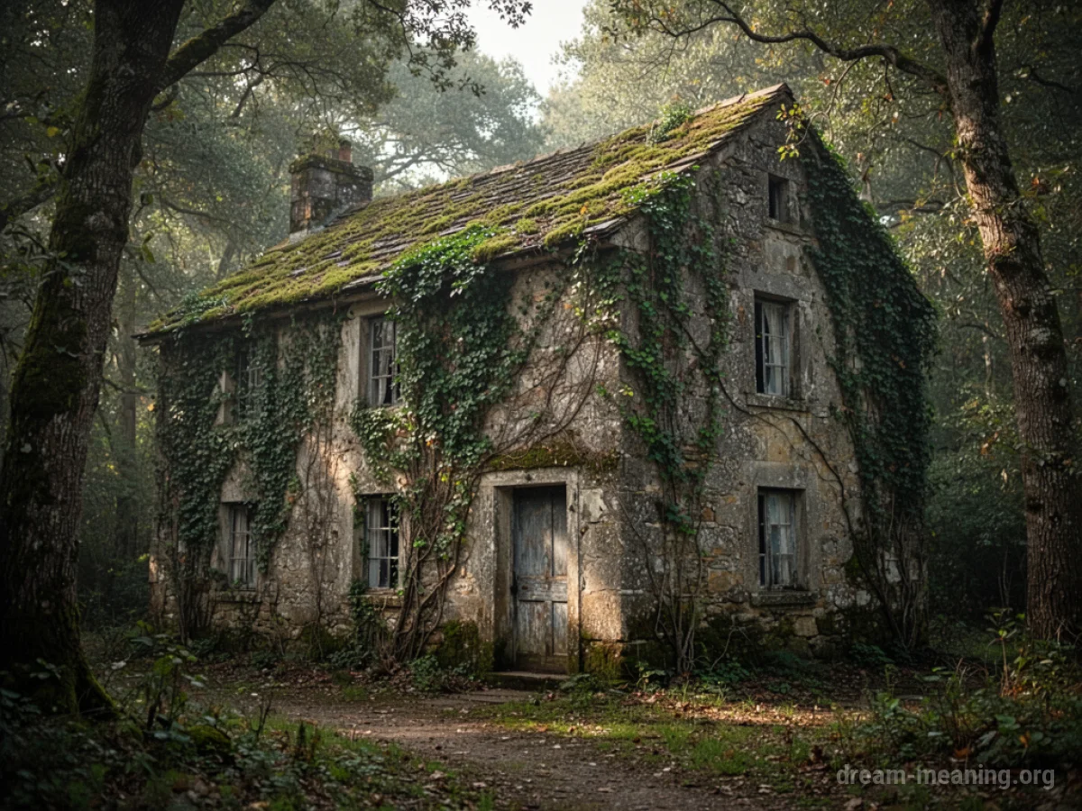 A stone building almost completely consumed by lush vegetation.