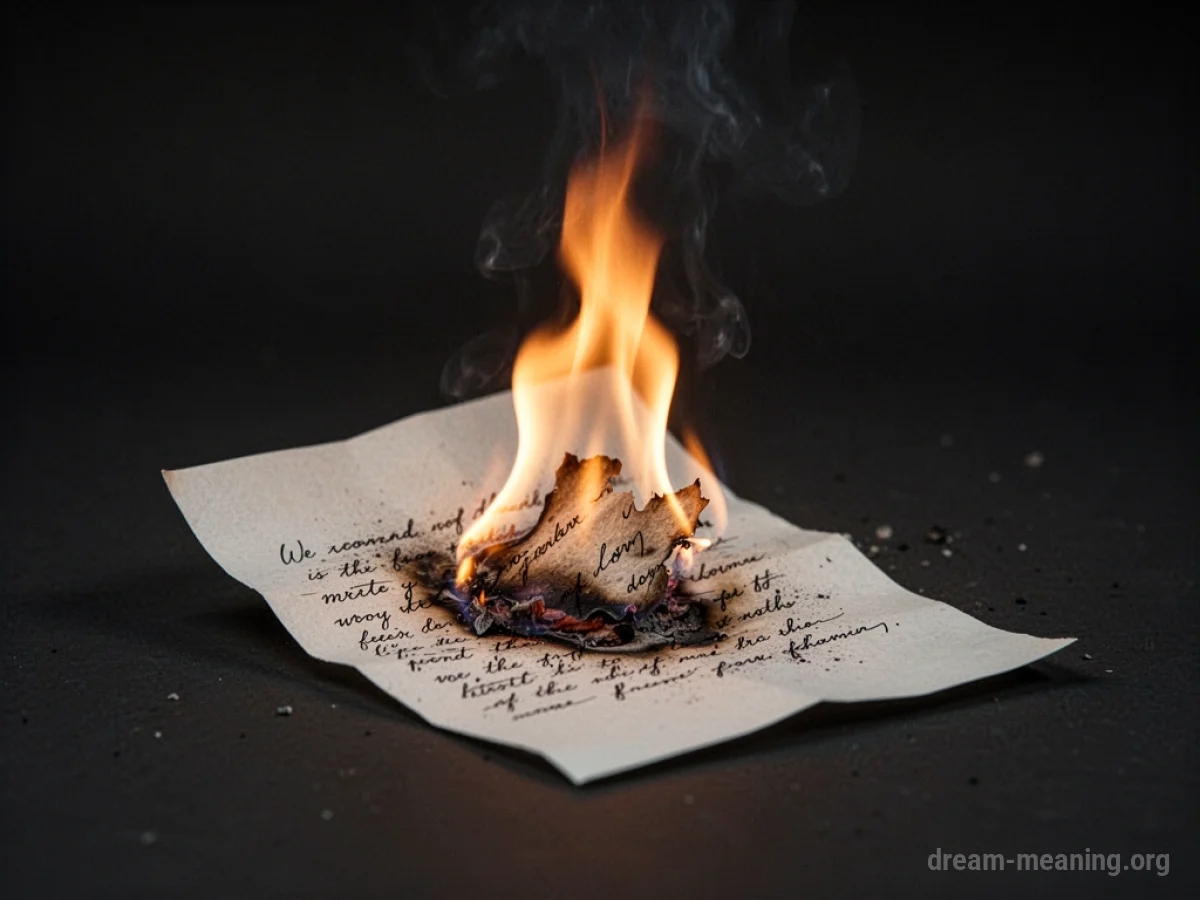 A piece of paper with writing on it burning in flames.
