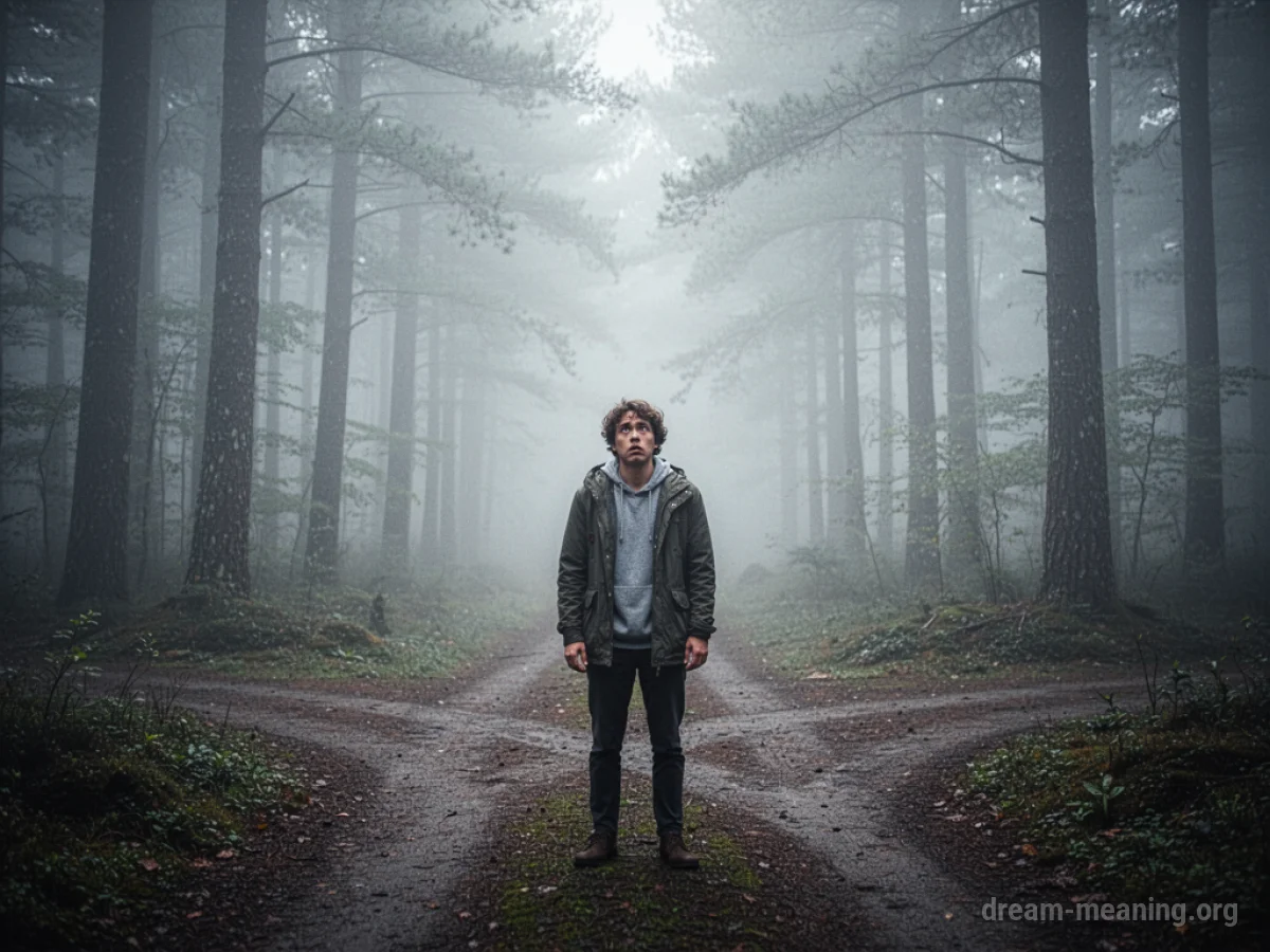 A person stands at a foggy crossroads in a forest.