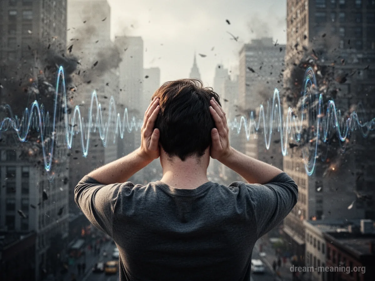 Person covering ears amidst a blurry, loud cityscape.