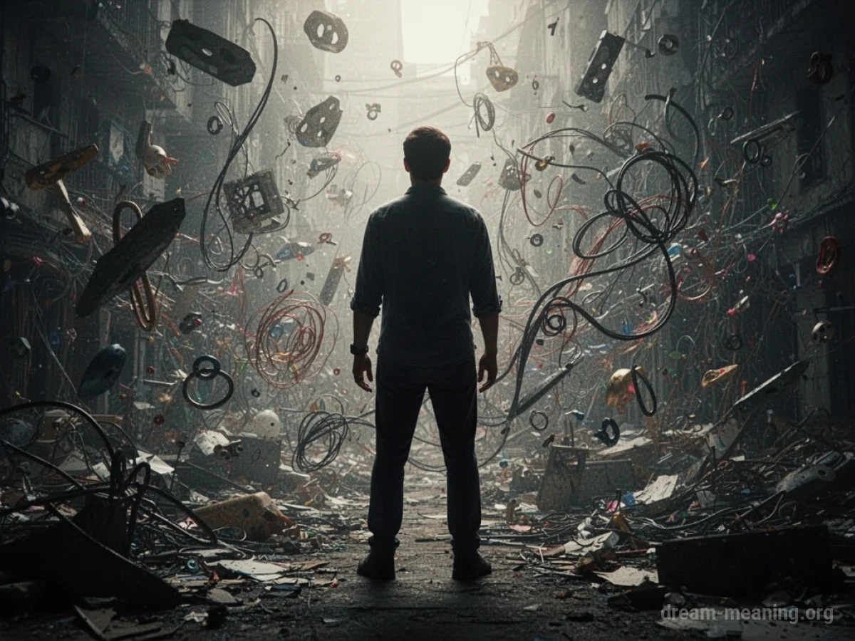Silhouette of a person in a swirling, chaotic visual environment.