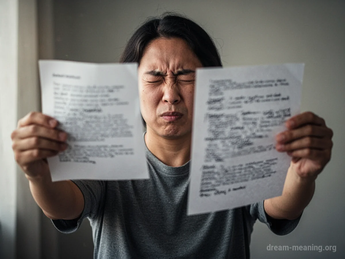 A person holding a paper with blurred writing.