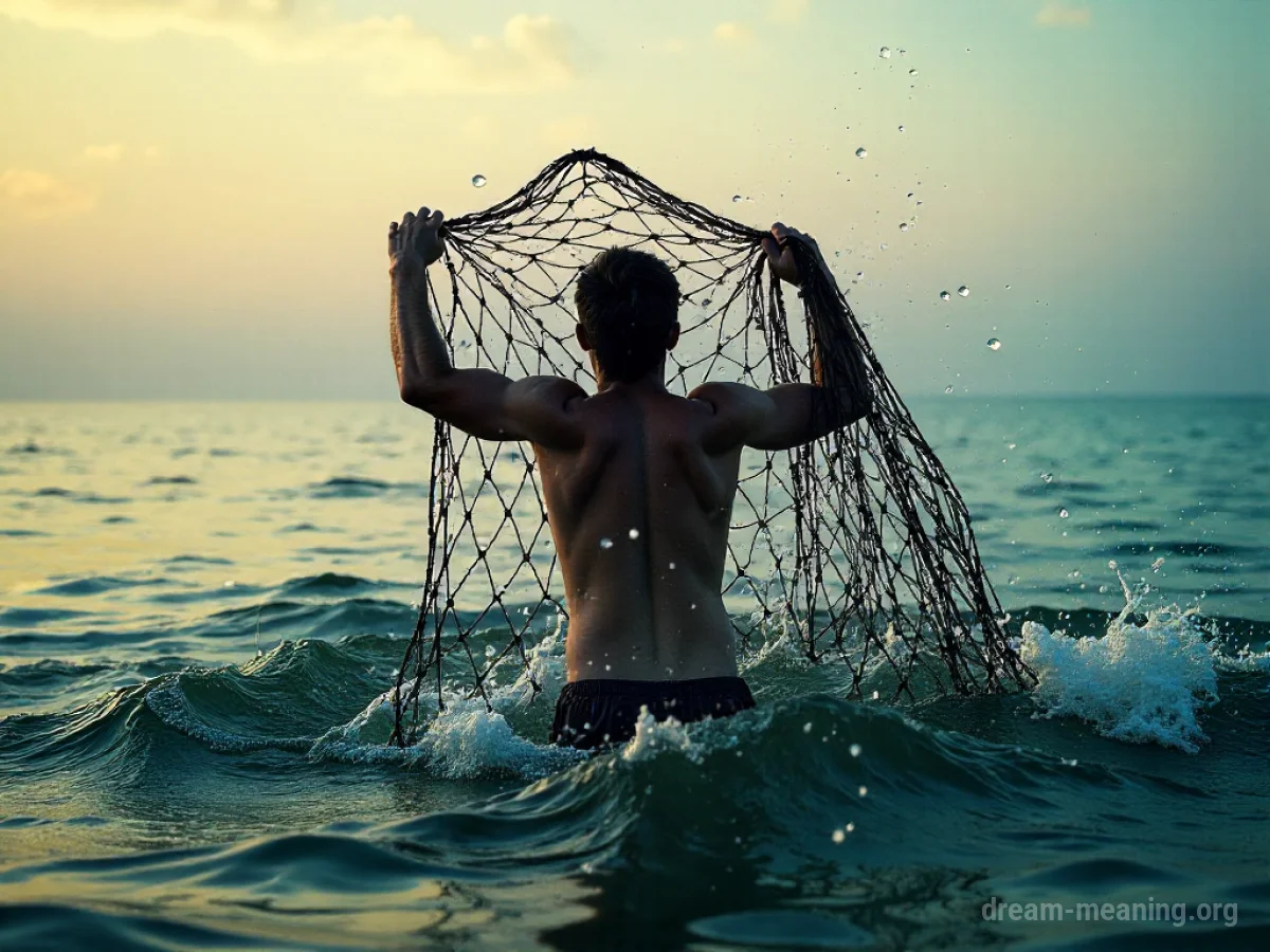 A person's silhouette is entangled in a large net.