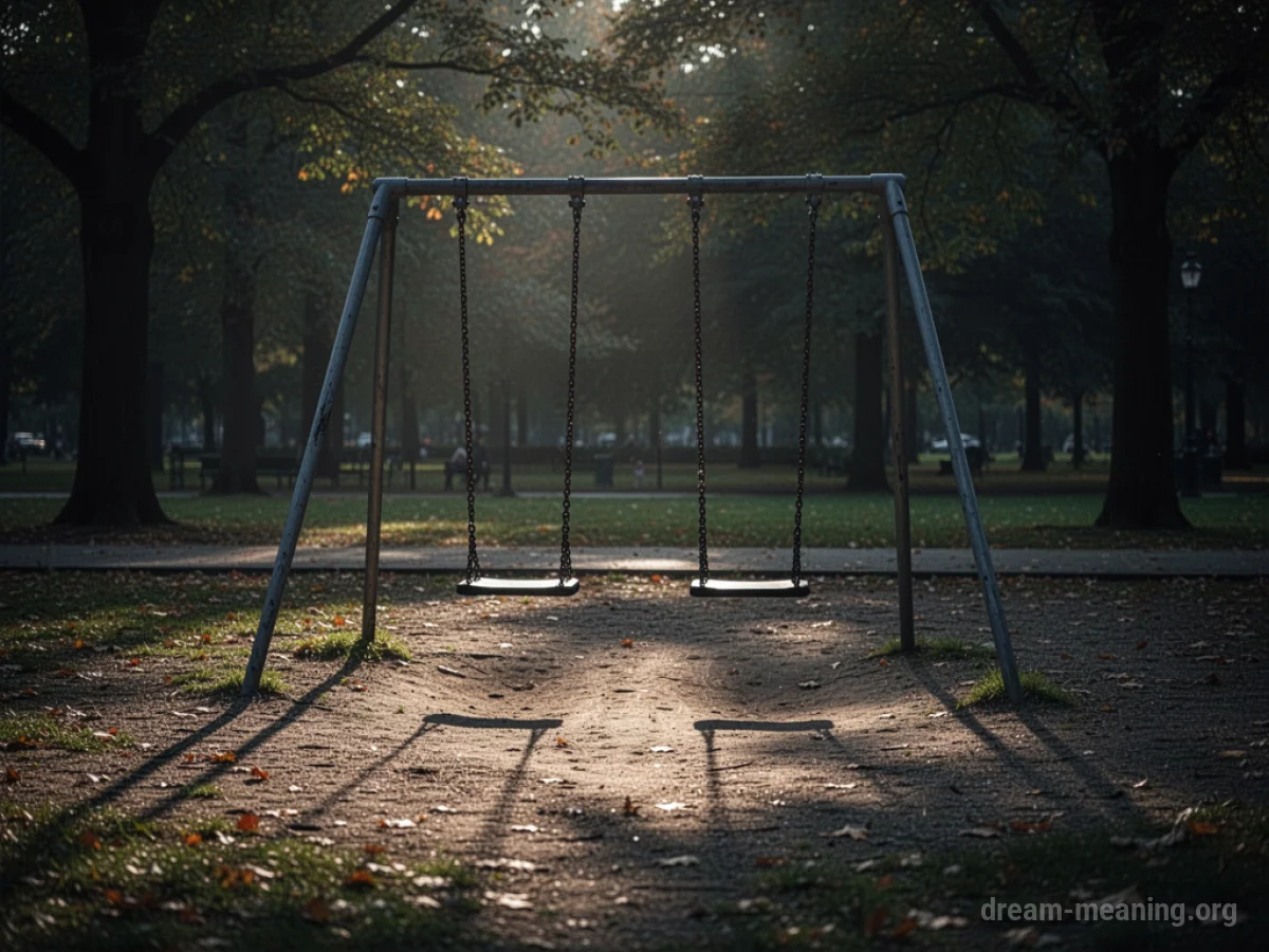 An empty swing set in a park at dusk.