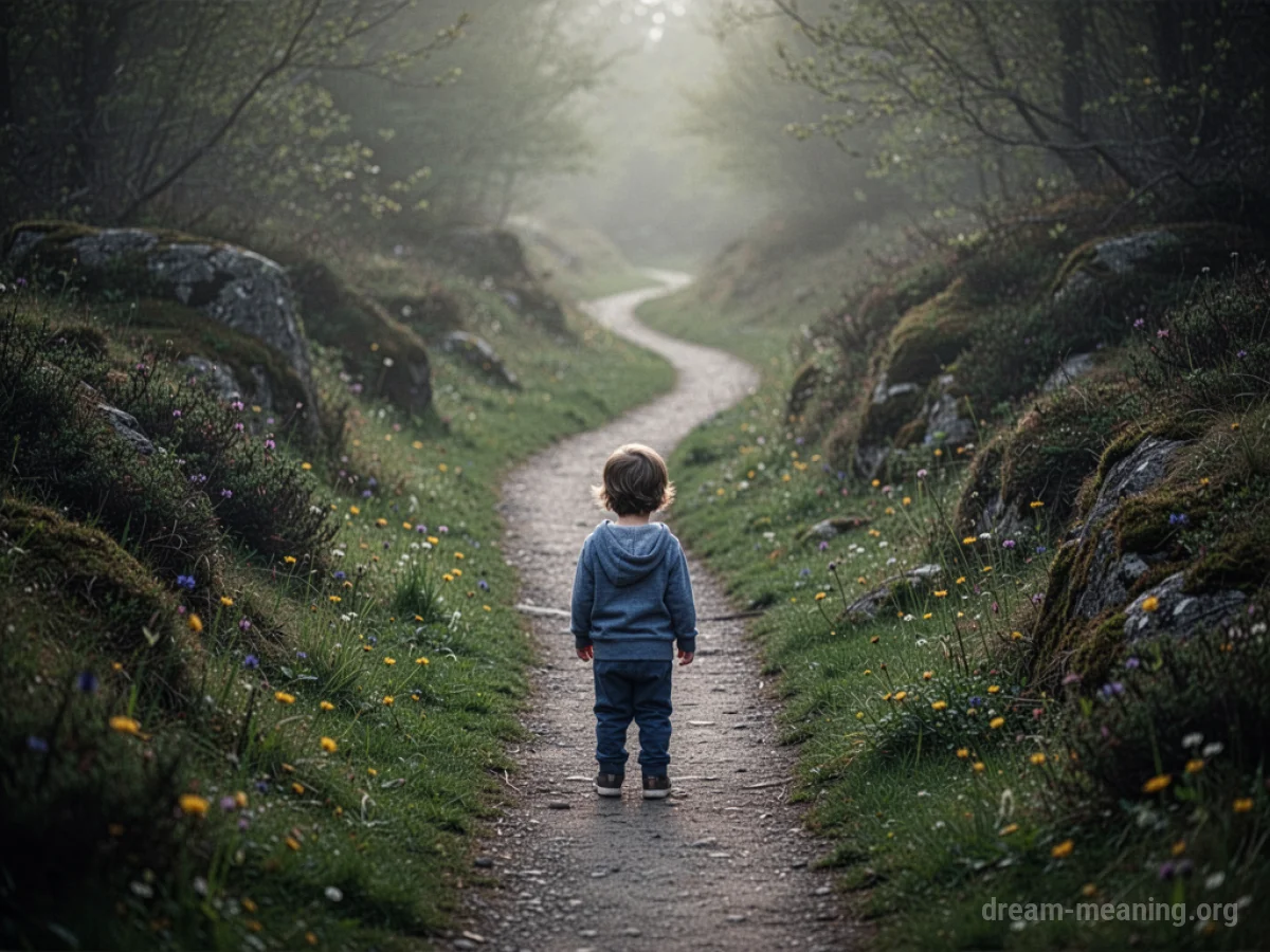 A small child looking down a narrow, winding path.