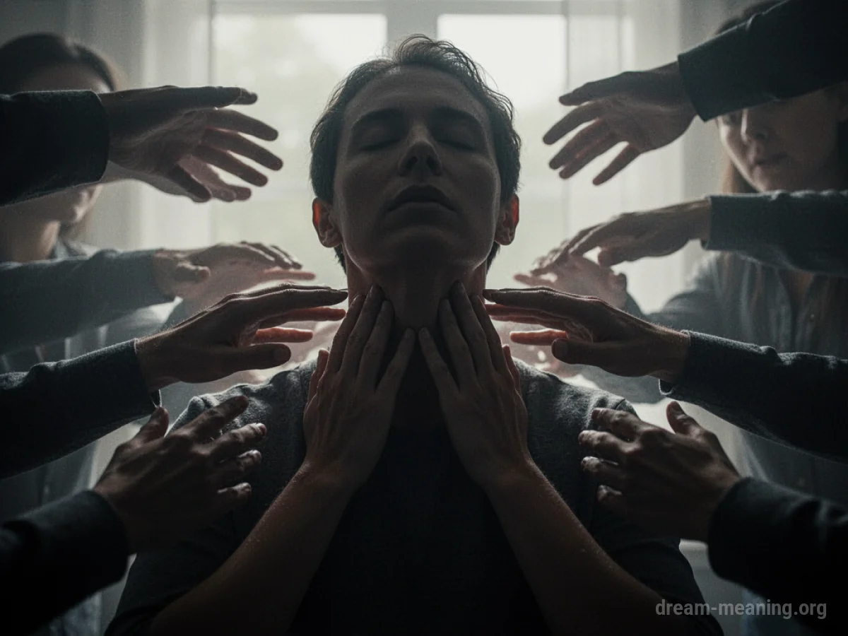 Silhouette of a person clutching their throat as shadowy forms crowd around.