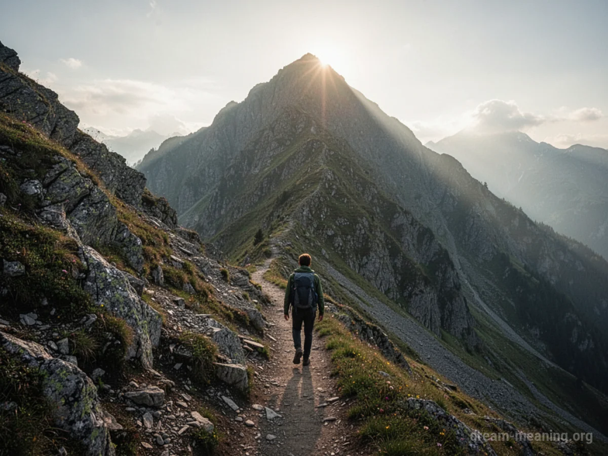 A person walking up a rocky mountain path.