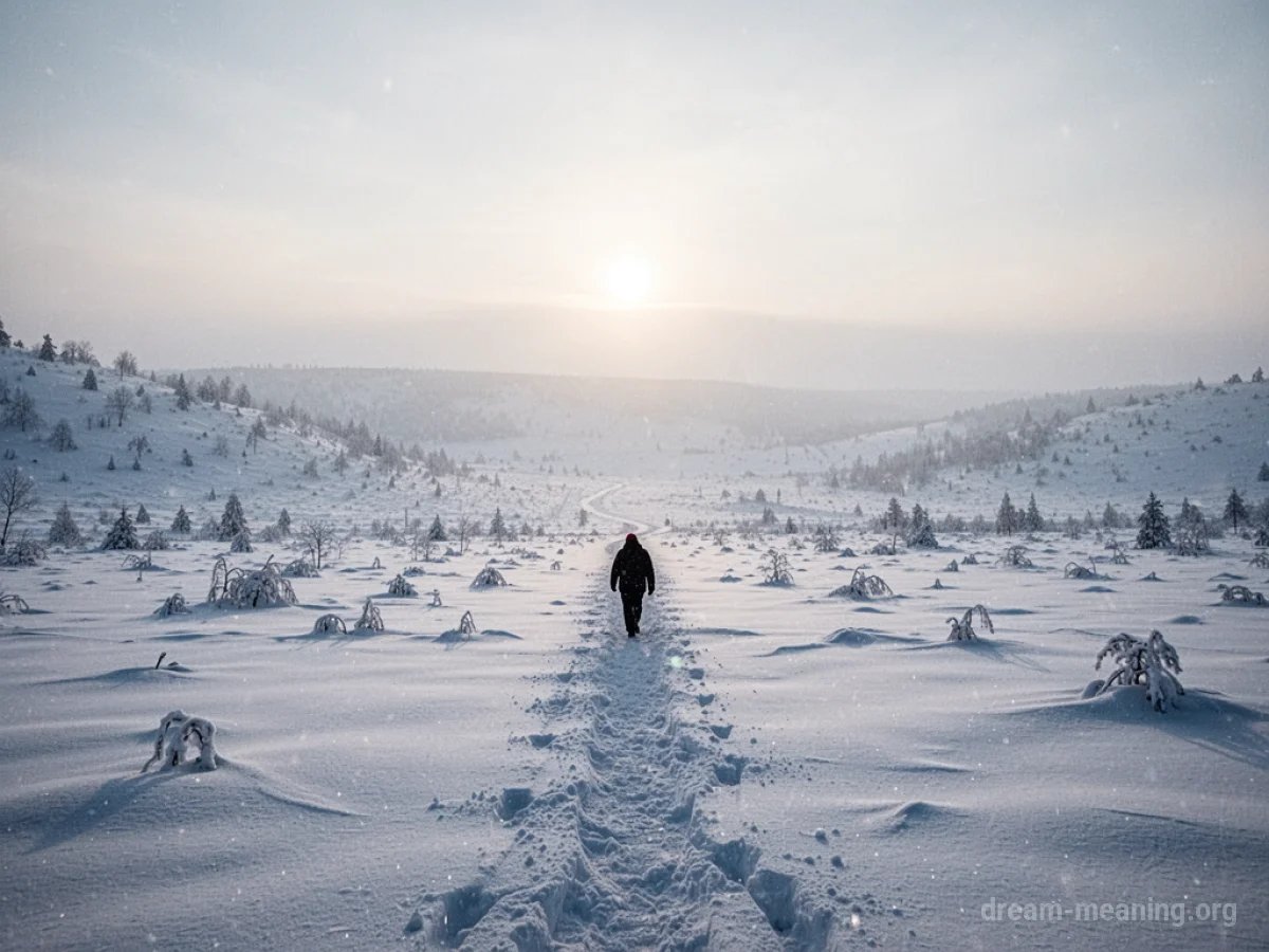 A solitary figure walks across a barren, snow-covered plain towards a faint horizon.