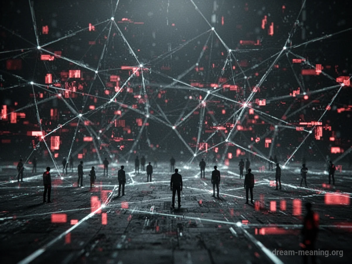 Abstract digital network with red glitches and small silhouettes.